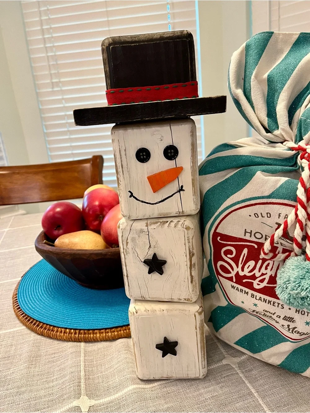 Holiday Gift Bundle-Wooden Custom made Snowman & Teal Stripe Holiday Gift Bag